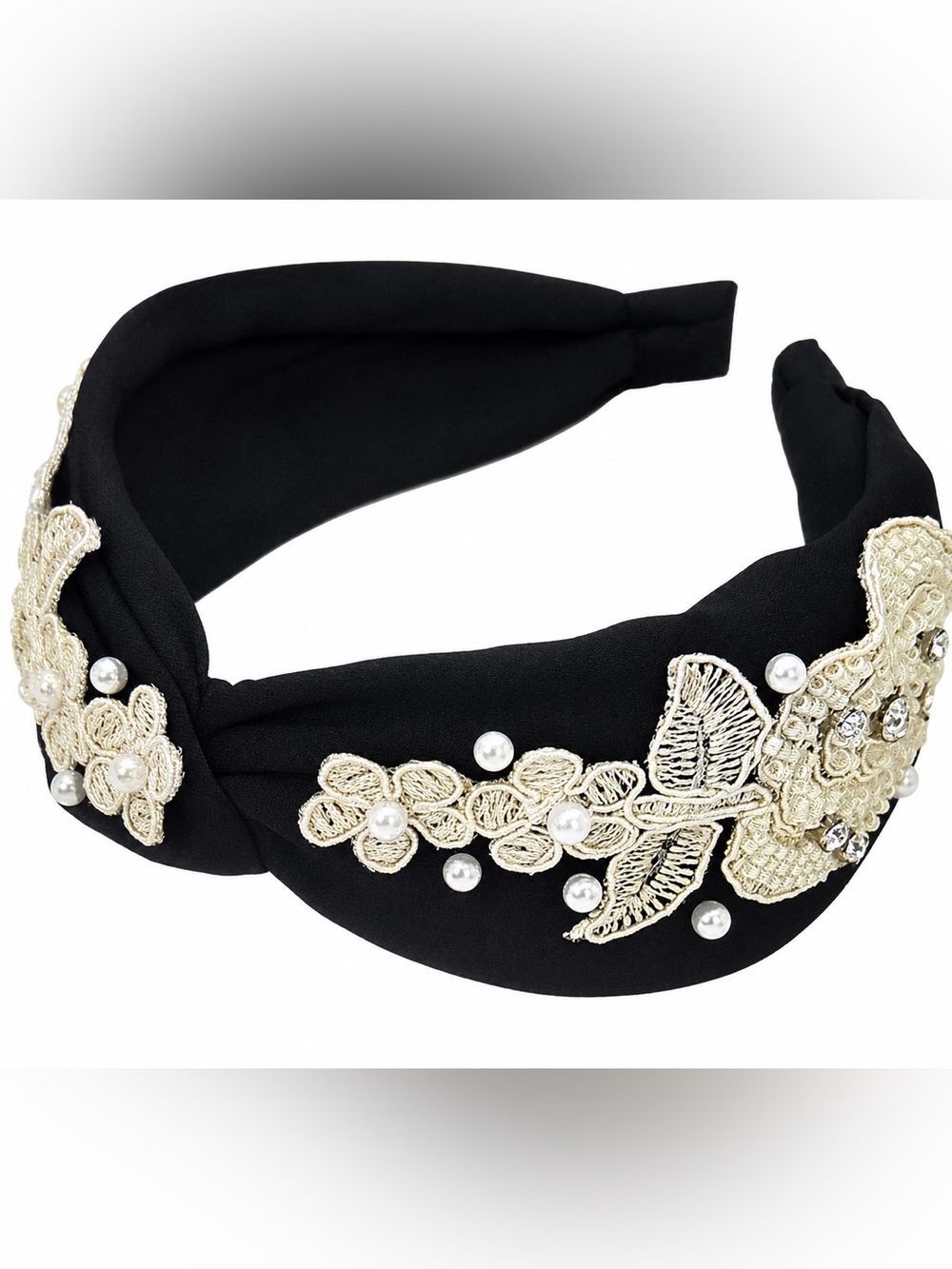 Black Pearl Flower Appliqué Embellished Headband